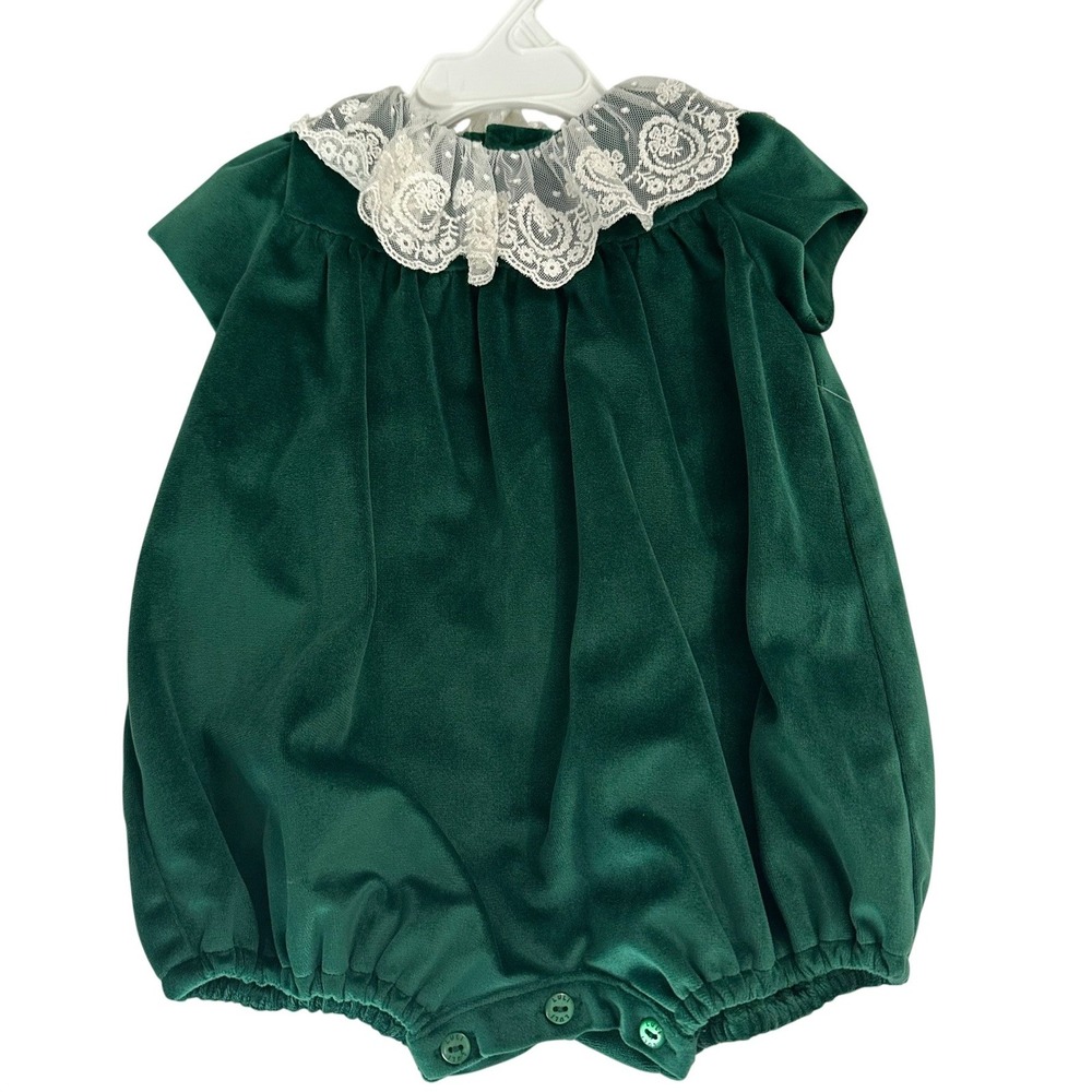 Luli & Me Emerald Green Velvet Lace Collar Bubble Romper 6M New‎ Christening